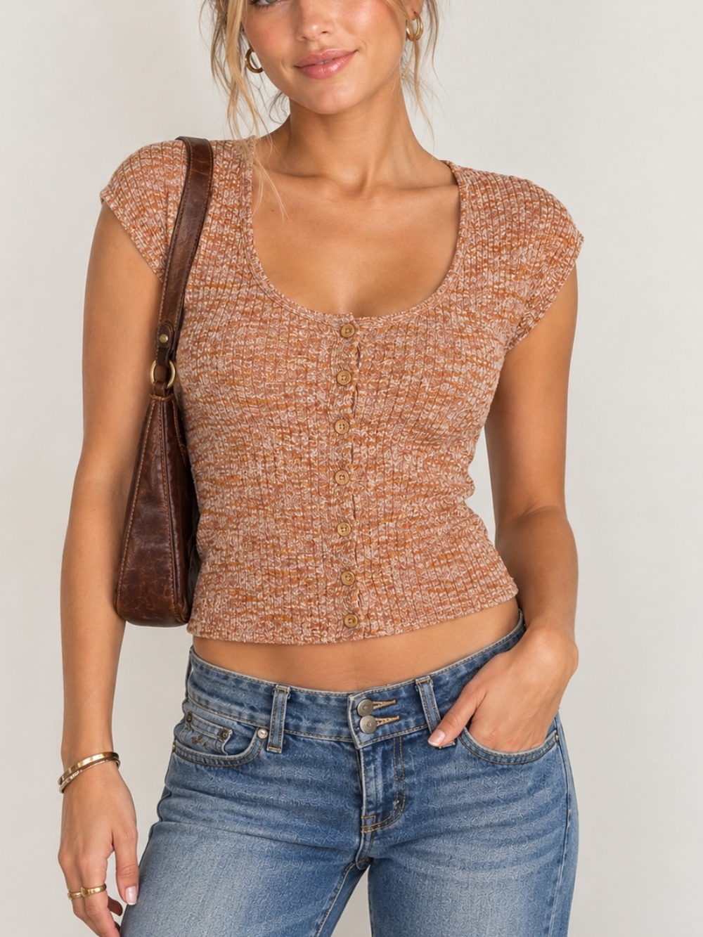 Madewell Rust Marled Ribbed Button Front Cardigan Top Cotton Blend XL